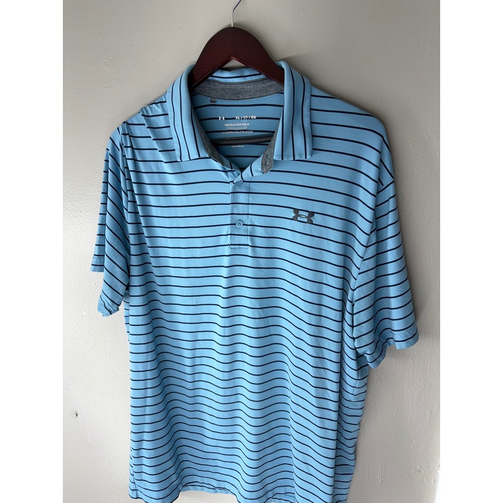 Under Armour Playoff Polo Mens XL Light Blue Navy Striped HeatGear Golf Shirt